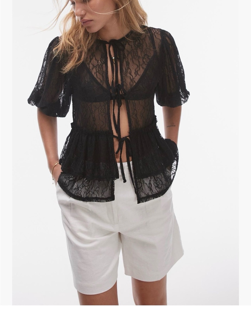 Nordstrom TOP SHOP Black Sheer Lace Tie-Front Blouse
